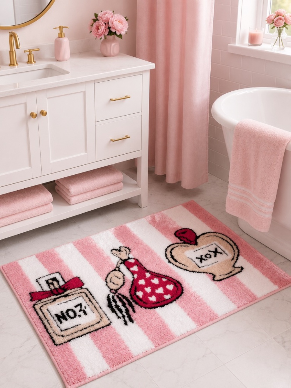 NWT Betsey Johnson Perfume Bottles Bath Rug Pink Striped Plush Non-Slip 20x30